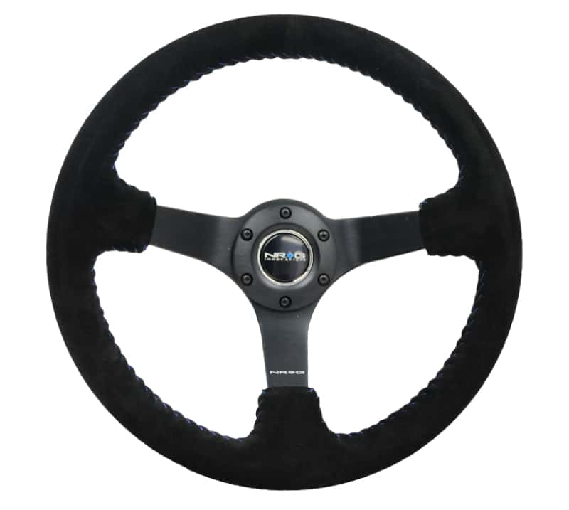 NRG — NRG Reinforced Steering Wheel (350mm / 3in. Deep) Blk Suede/Blue BBall Stitch w/5mm Matte Blk Spokes - view 1
