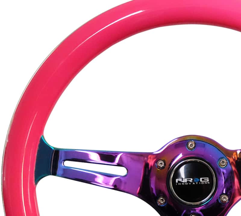 NRG — NRG Classic Wood Grain Steering Wheel (350mm) Neon Pink Painted Grip w/Neochrome 3-Spoke Center - view 2
