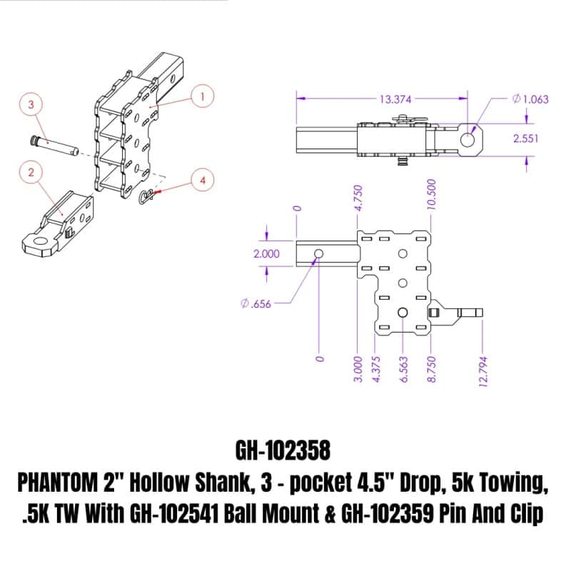 GEN-Y Hitch — Gen-Y Phantom 2in Hollow Shank 4.5in Drop 500lb TW 12K Hitch w/GH-102541 Mount/GH-102359 Pin & Clip
Drop Hitch - view 4