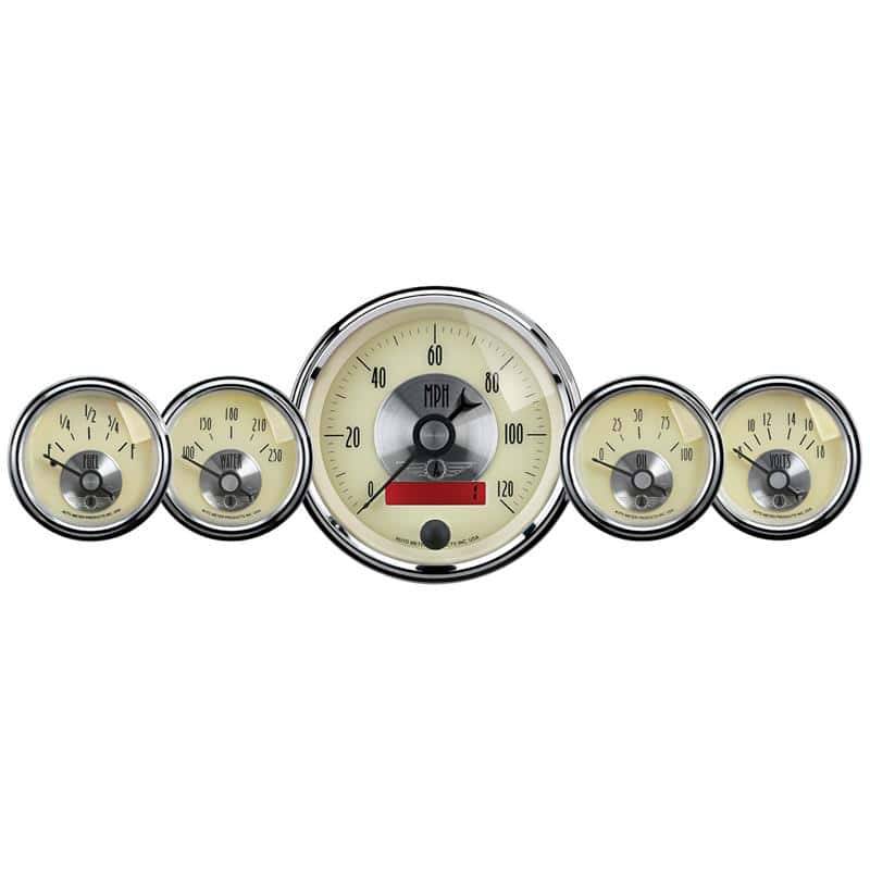 AutoMeter — AutoMeter Gauge Kit 5 Pc. 3-3/8in. & 2-1/16in. Elec. Speedo W/Lcd Odo Prestige Antique. Ivory - view 1