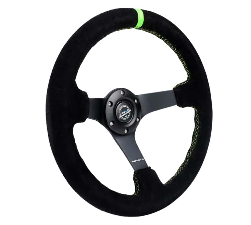 NRG — NRG Reinforced Steering Wheel 350mm/3in. Deep Blk Suede/ Neon Green Stitch w/5mm Matte Black Spoke - view 2