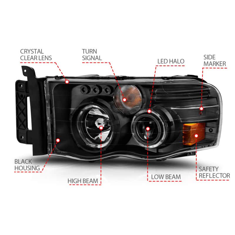 ANZO — ANZO 2002-2005 Dodge Ram 1500 Projector Headlights w/ Halo Black Clear Amber
Head Light Set
HdLtSet - view 11