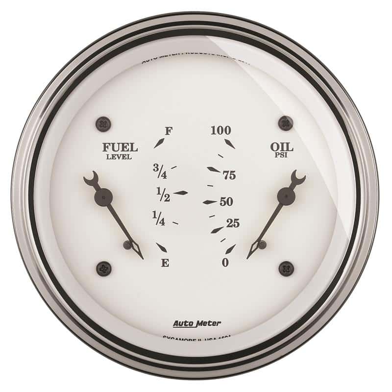 AutoMeter — AutoMeter Gauge Dual Fuel & Oilp 3-3/8in. 0 Ohm(e) to 90 Ohm(f)& 100PSI Elec Old Tyme White
3-3/8" DUAL, FUEL LE - view 1