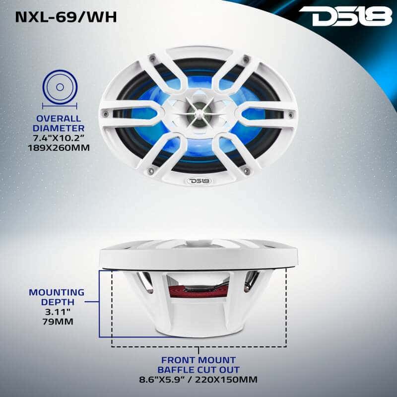 DS18 — DS18 NXL Series Coaxial Marine Speaker w/ RGB Lights 6x9in 2-Way 125 Watts RMS 4 ohm White - view 9