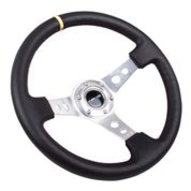 NRG — NRG Reinforced Steering Wheel (350mm / 3in. Deep) Blk Leather w/Circle Cut Spokes & Single Yellow CM - view 2