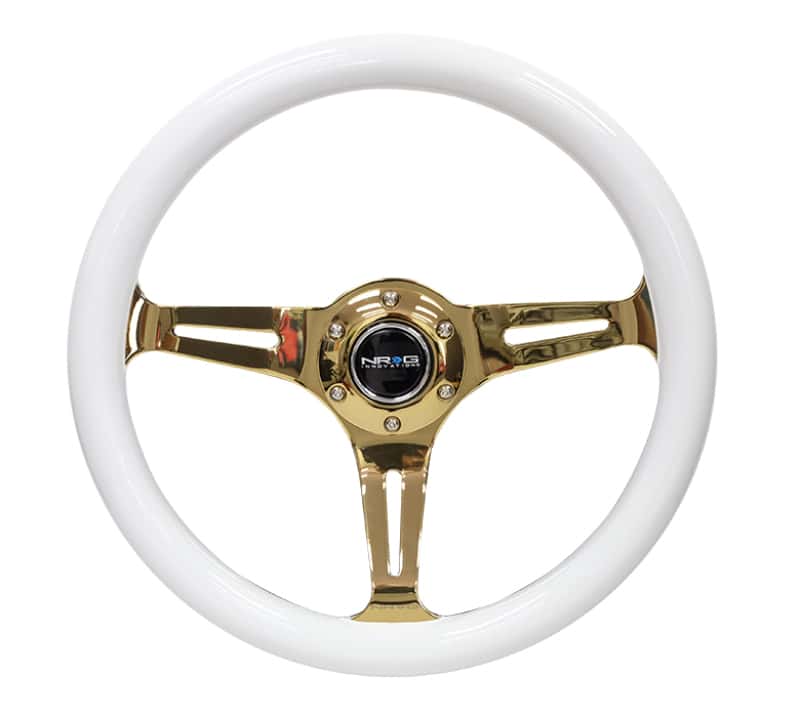 NRG — NRG Classic Wood Grain Steering Wheel (350mm) White Grip w/Chrome Gold 3-Spoke Center - view 1