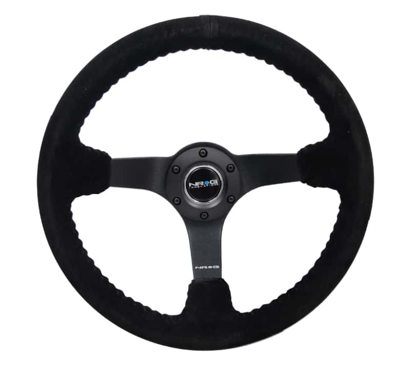 NRG — NRG Reinforced Steering Wheel (350mm / 3in. Deep) Blk Suede/Blk Bball Stitch w/5mm Matte Black Spoke - view 1