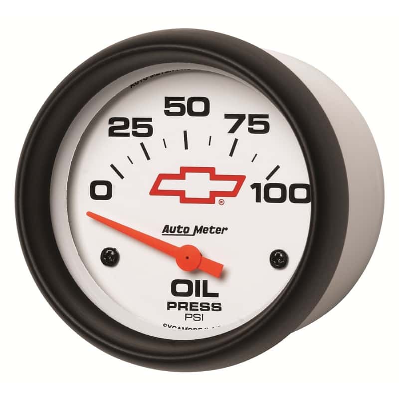AutoMeter — AutoMeter Gauge Oil Pressure 2-5/8in. 100PSI Electric Chevy Red Bowtie White
2-5/8" OIL PRESS, 0- - view 5