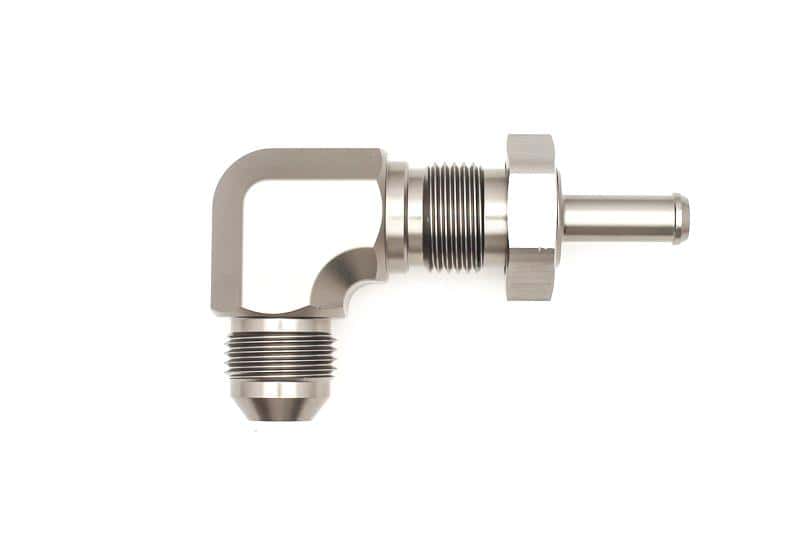 DeatschWerks — DeatschWerks 8AN Male Flare To 5/16in. Male Barb Bulkhead Adapter 90-Degree (Incl. Nut) - view 1