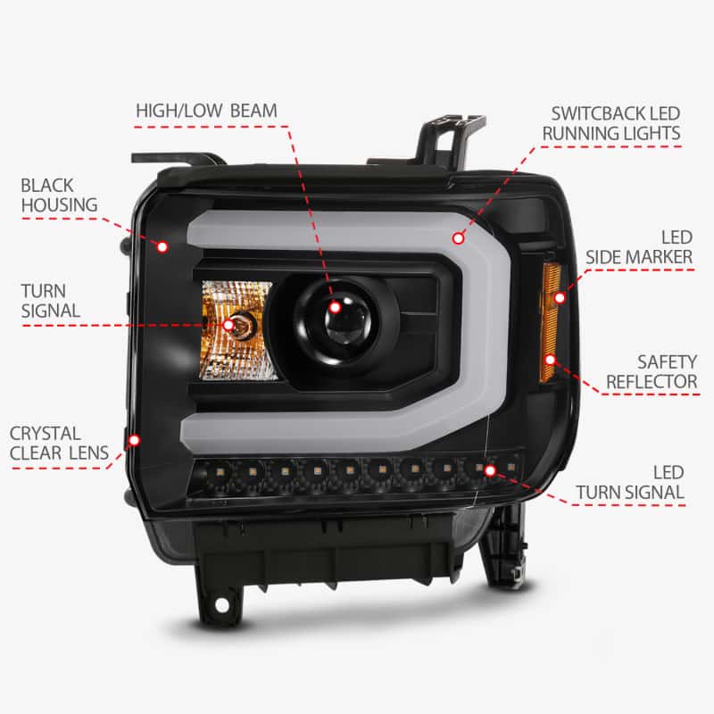 ANZO — ANZO GMC SIERRA 1500 14-15 2500H/15-19 Projector Headlight Plank Style Black w/ Switchback (Halogen)
Head Light Set
HdLtSet - view 8