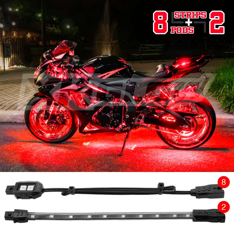 XKGLOW — XK Glow Single Color XKGLOW LED Accent Light Motorcycle Kit Red - 8xPod + 2x8InStrips - view 1