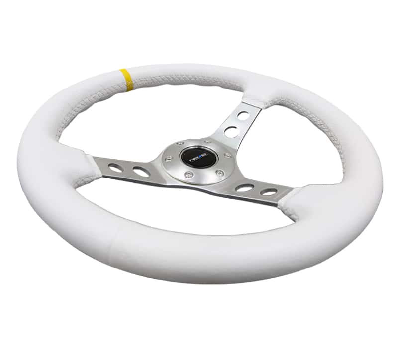 NRG — NRG Reinforced Steering Wheel (350mm / 3in. Deep) Wht Leather w/Silver Spoke & Single Yellow Mark - view 8