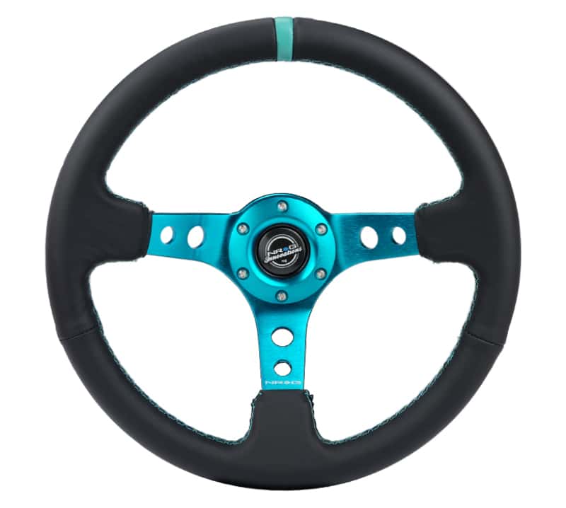 NRG — NRG Reinforce Steering Wheel (350mm / 3in. Deep) Blk Leather, Teal Center Mark w/ Teal Stitching - view 1