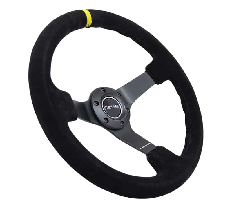 NRG — NRG Reinforced Steering Wheel (350mm / 3in. Deep) Blk Suede/X-Stitch w/5mm Blk Spoke & Yellow CM - view 2