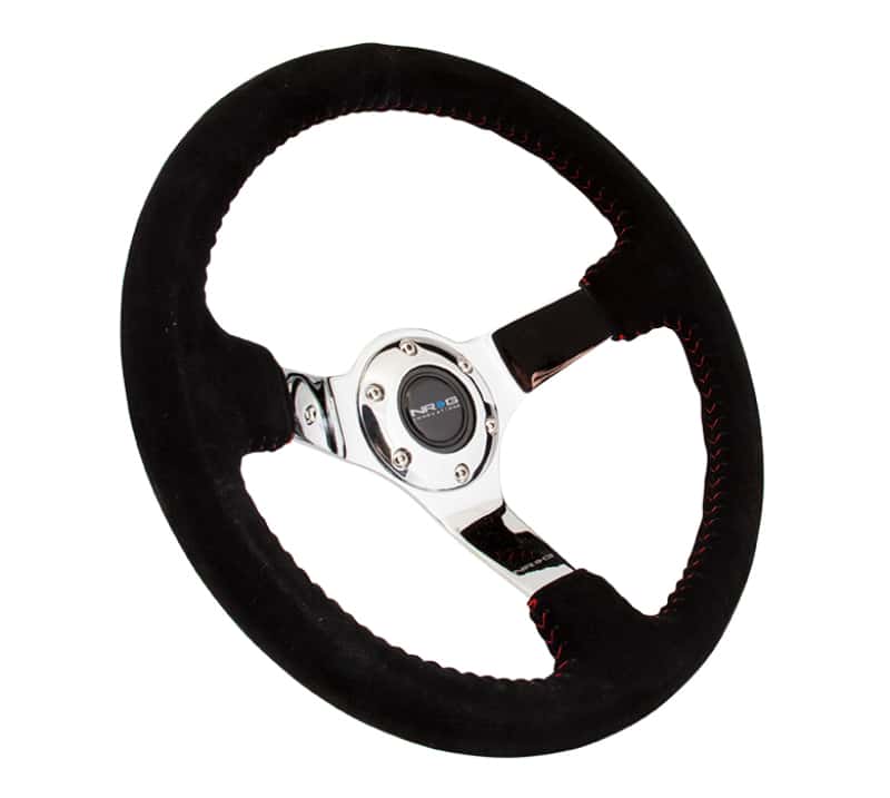 NRG — NRG Reinforced Steering Wheel (350mm / 3in. Deep) Blk Suede w/Red BBall Stitch & Chrome 3-Spoke - view 2
