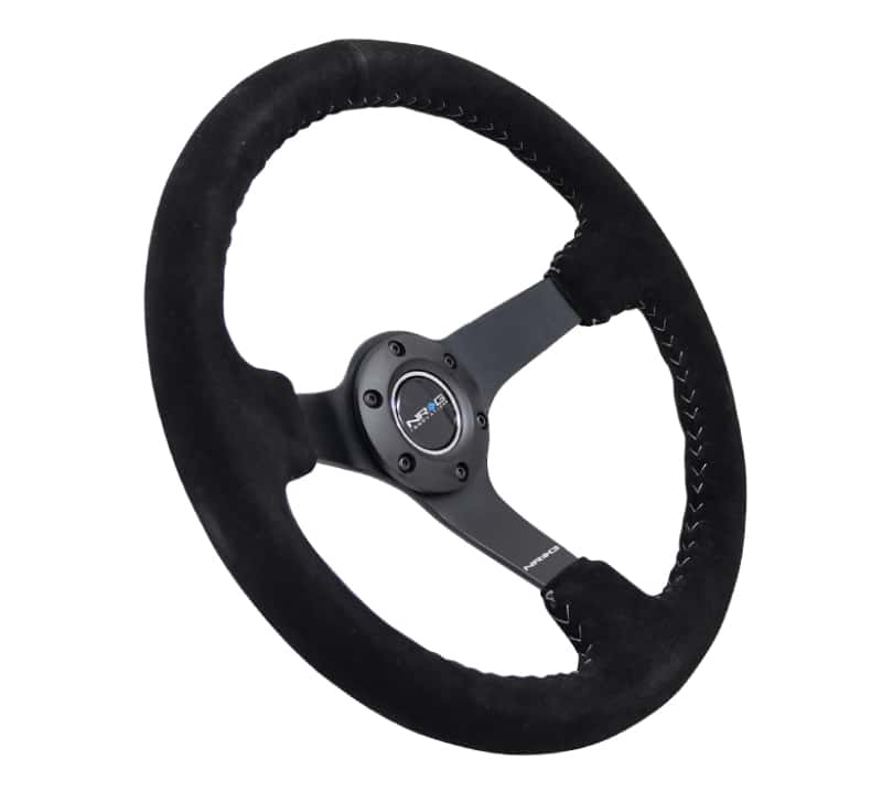 NRG — NRG Reinforced Steering Wheel (350mm / 3in. Deep) Blk Suede/Silver BBall Stitch w/5mm Mt. Blk Spokes - view 2