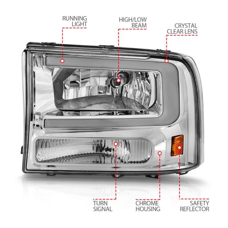 ANZO — ANZO 99-04 Ford F250/F350/F450/Excursion (excl. 99) Crystal Headlights - w/ Light Bar Chrome Housing
Head Light Set
HdLtSet - view 10