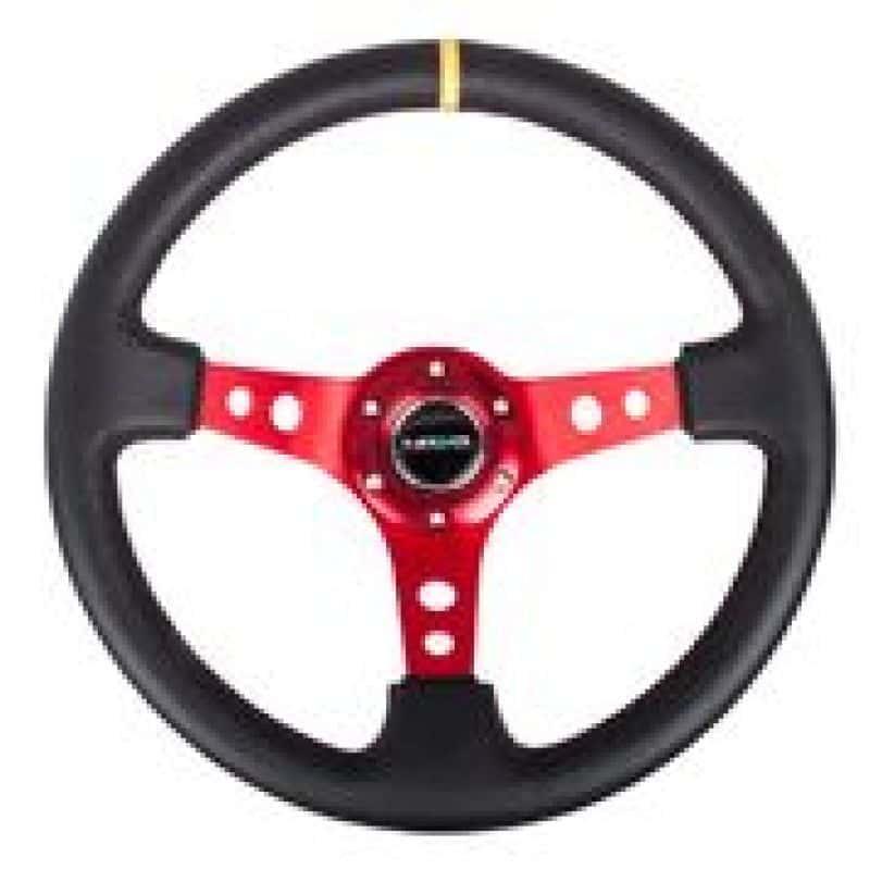 NRG — NRG Reinforced Steering Wheel (350mm / 3in. Deep) Blk Leather w/Red Spokes & Sgl Yellow Center Mark - view 3