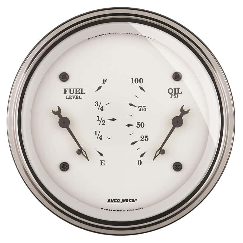 AutoMeter — AutoMeter Gauge Dual Fuel & Oilp 3-3/8in. 240 Ohm(e) to 33 Ohm(f) & 100PSI Elec Old Tyme Wht
3-3/8" DUAL, FUEL LE - view 2
