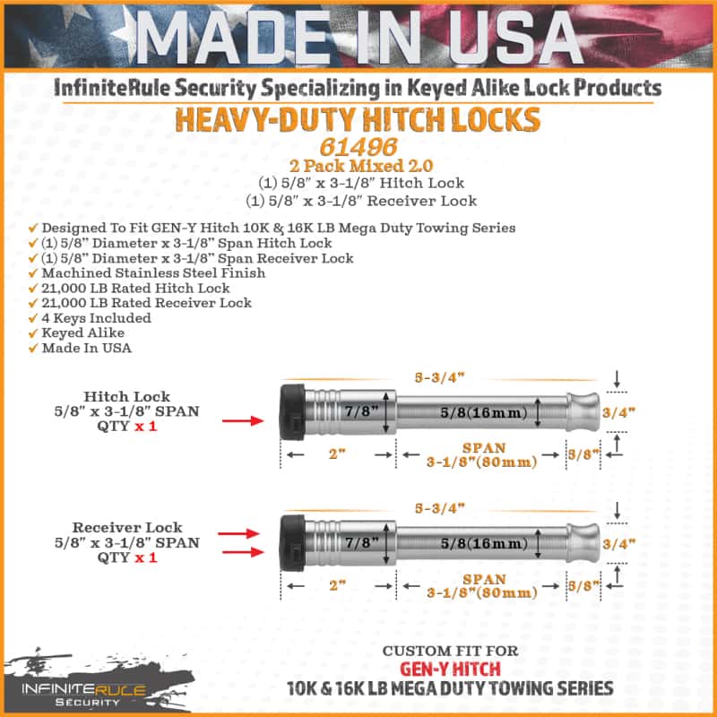 GEN-Y Hitch — Gen-Y InfiniteRule (2) 5/8in x 3-1/8in Hitch Locks w/4 Keys
Trailer Hitch Pin - view 3