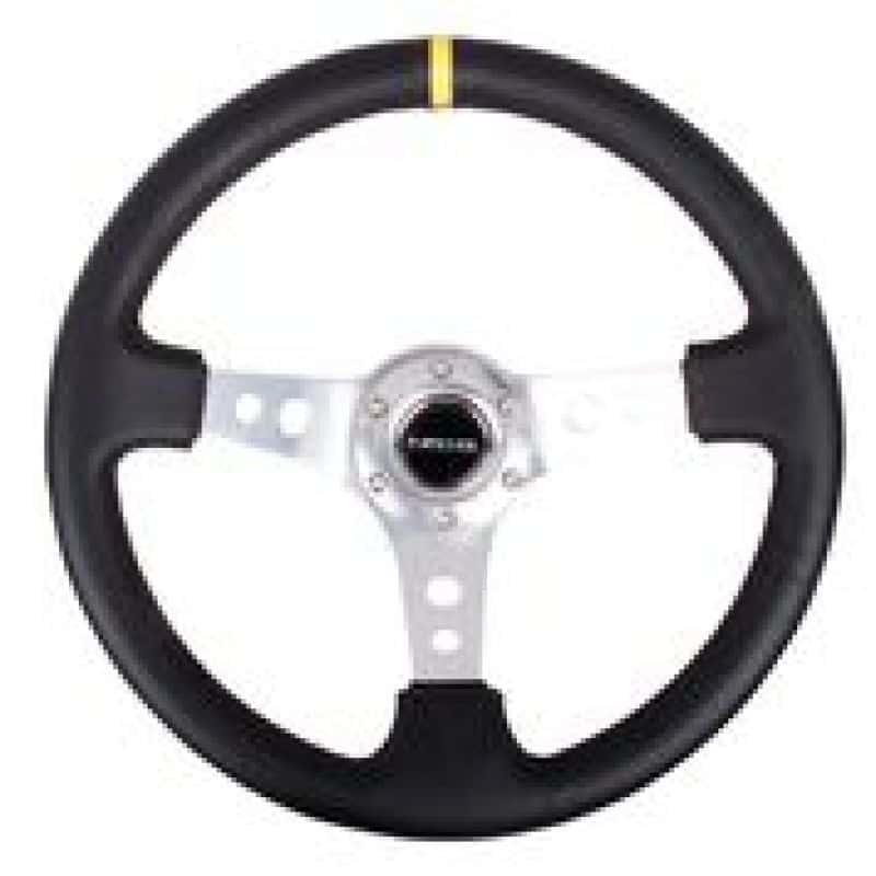 NRG — NRG Reinforced Steering Wheel (350mm / 3in. Deep) Blk Leather w/Circle Cut Spokes & Single Yellow CM - view 3