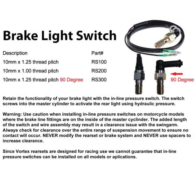 Vortex Racing — Vortex Racing Rearsets Replacement Brake Light Press Switch M10 x 1.00 - view 2
