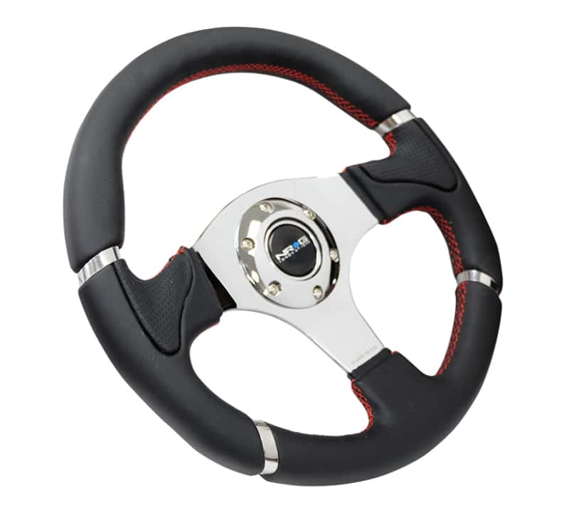 NRG — NRG Reinforced Steering Wheel (320mm) Blk Leather/Red Stitching w/Chrome 3-Spoke Center - view 2