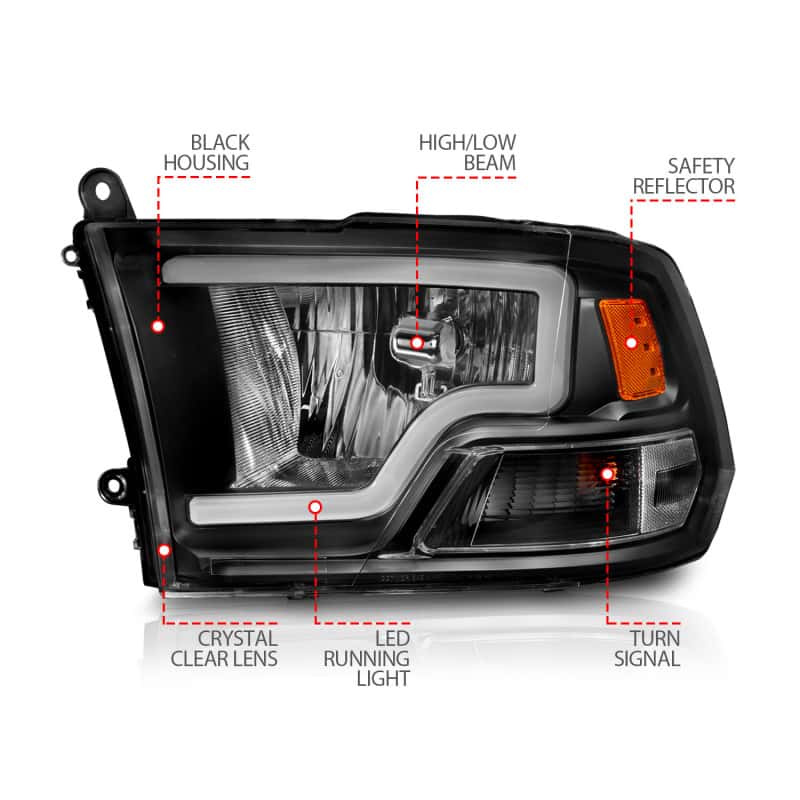ANZO — ANZO 2009-2018 Dodge Ram 1500 Crystal Headlights w/ Light Bar Black Housing
Head Light Set
HdLtSet - view 10