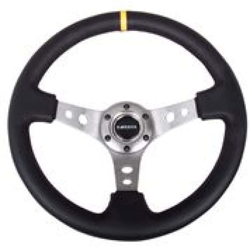 NRG — NRG Reinforced Steering Wheel (350mm / 3in. Deep) Blk Leather w/Gunmetal Cutout Spoke & Yellow CM - view 3