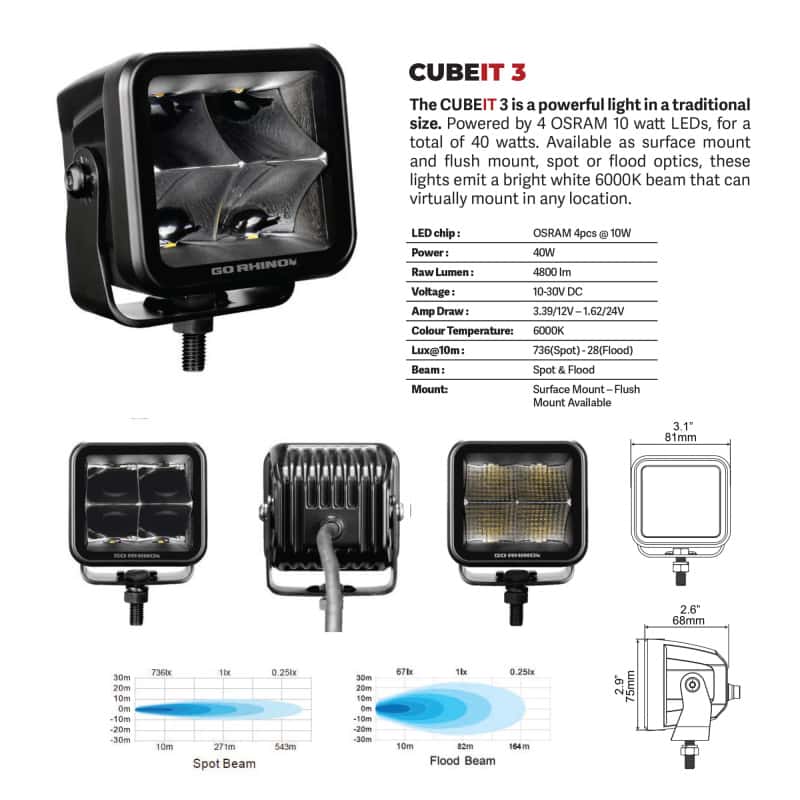 Go Rhino — Go Rhino Xplor Blackout Series Cube LED Flood Light Kit (Surface/Threaded Stud Mnt) 3x3 - Blk (Pair)
BLK - Two 3x3 Lights - view 5