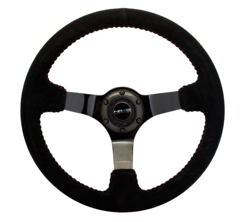 NRG — NRG Reinforced Steering Wheel (350mm / 3in. Deep) Blk Suede w/Red BBall Stitch & Black 3-Spoke - view 1
