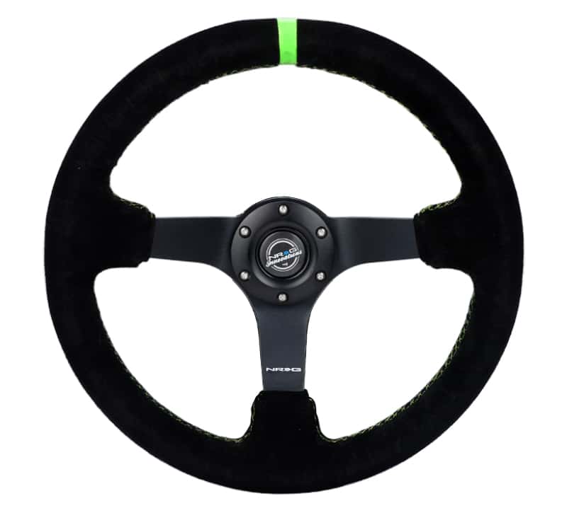 NRG — NRG Reinforced Steering Wheel 350mm/3in. Deep Blk Suede/ Neon Green Stitch w/5mm Matte Black Spoke - view 1