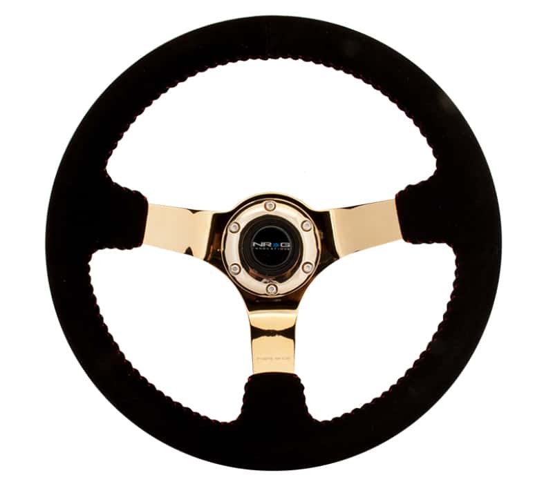 NRG — NRG Reinforced Steering Wheel (350mm / 3in. Deep) Blk Suede w/Red BBall Stitch & Chrome Gold 3-Spoke - view 1