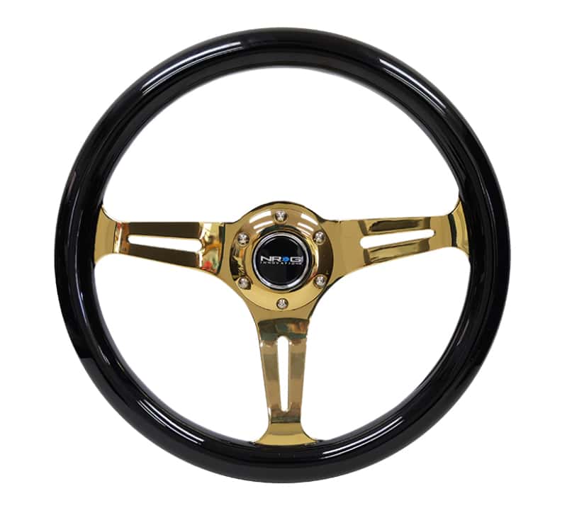 NRG — NRG Classic Wood Grain Steering Wheel (350mm) Black Grip w/Chrome Gold 3-Spoke Center - view 1