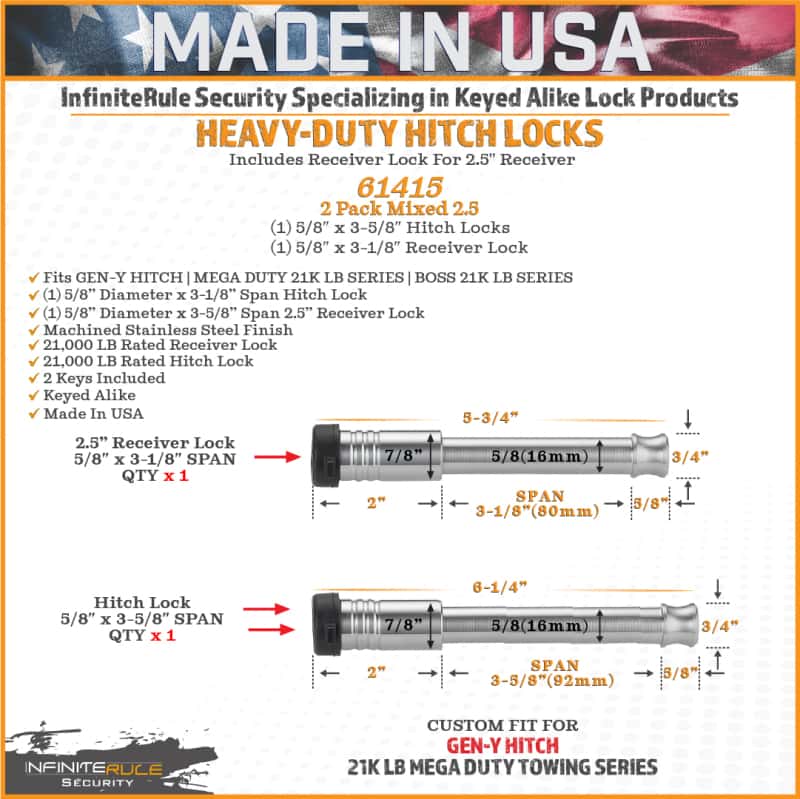 GEN-Y Hitch — Gen-Y InfiniteRule (1) 5/8in x 3-5/8in Hitch Lock (1) 5/8in x 3-1/8in 2.5in Receiver Lock w/4 Keys
Trailer Hitch Pin - view 3