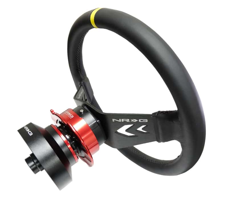 NRG — NRG Reinforced Steering Wheel (350mm / 3in Deep) Blk Leather w/NRG Arrow-Cut 2-Spoke & Sgl Yellow CM - view 2