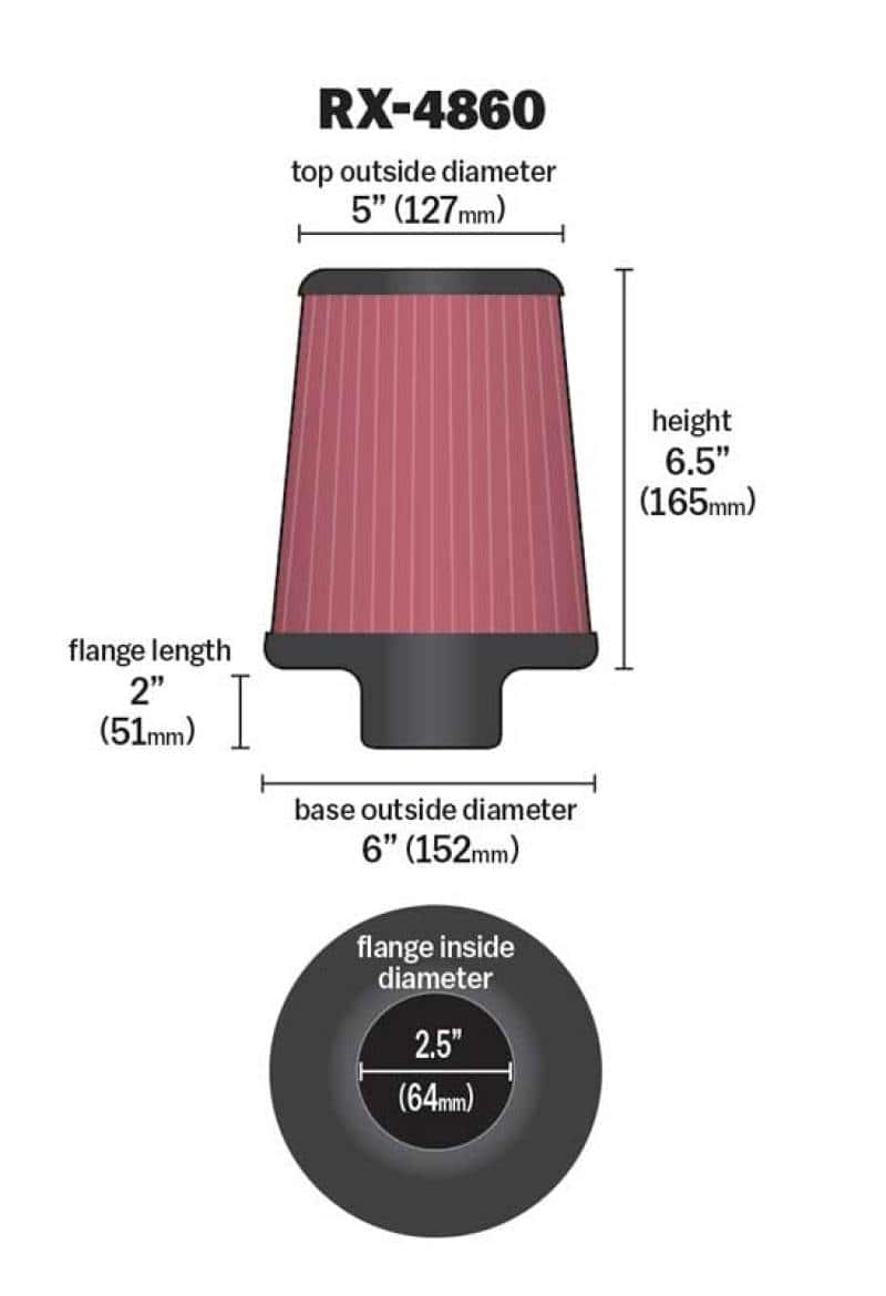 K&N Engineering — K&N Filter Universal X-Stream Clamp-On Round Tprd 2.5in Flng ID x 6in Base OD x 5in Top OD x 6.5in H
Universal X-Stream C
Clamp-on Air Filter - view 7