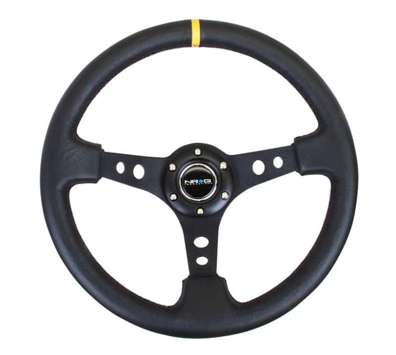 NRG — NRG Reinforced Steering Wheel (350mm / 3in. Deep) Blk Leather w/Blk Cutout Spoke/Yellow Center Mark - view 4