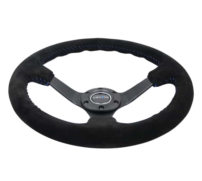 NRG — NRG Reinforced Steering Wheel (350mm / 3in. Deep) Blk Suede/Blue BBall Stitch w/5mm Matte Blk Spokes - view 4