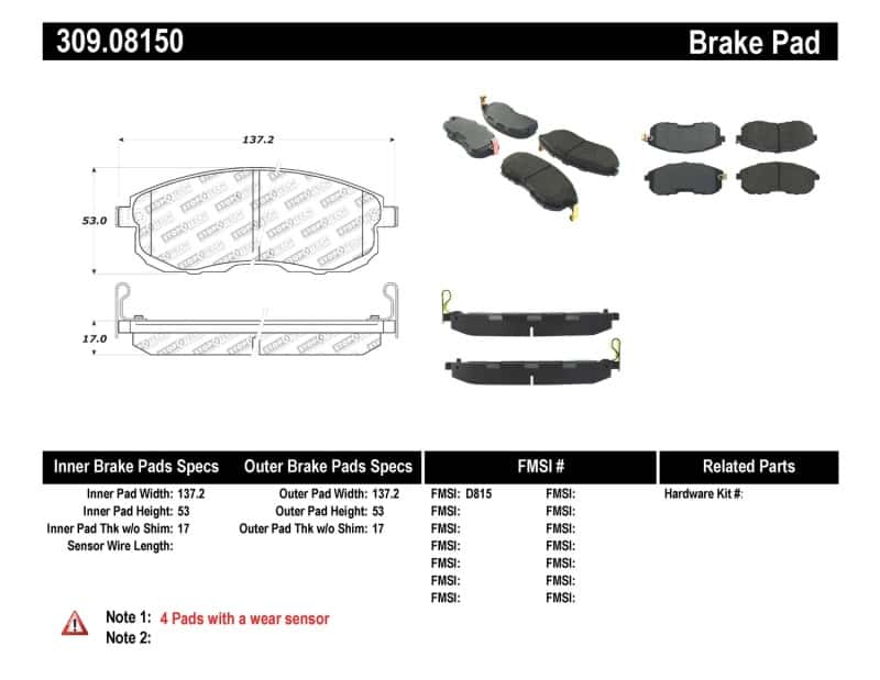 Stoptech — StopTech Performance 02-05 Infiniti G35 / 07-09 Nissan Altima/Sentra / 6/02-05 350Z Front Brake Pa
Sprt Brk Pad W/Hdwr - view 8