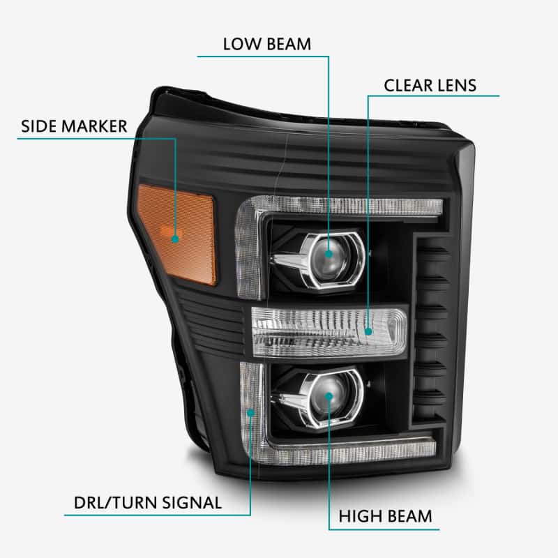 AlphaRex — AlphaRex 11-16 Ford F-250 SD PRO-Series Projector Headlights Plank Style Design Black w/Seq Signal
Projector Headlights - view 6