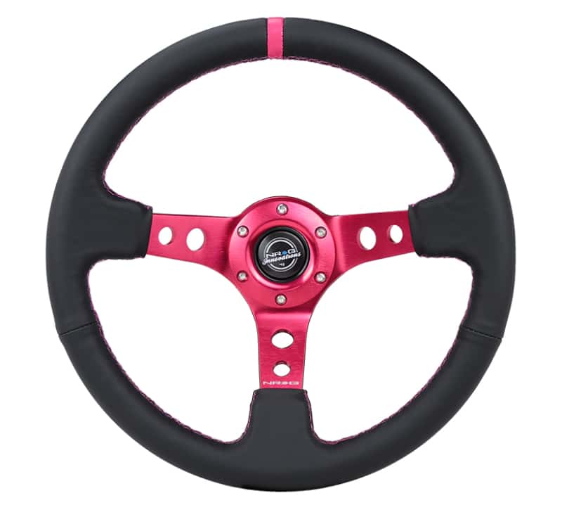 NRG — NRG Reinforced Steering Wheel (350mm/3in. Deep) Black Leather/ Fushia Center Mark/ Fushia Stitching - view 1