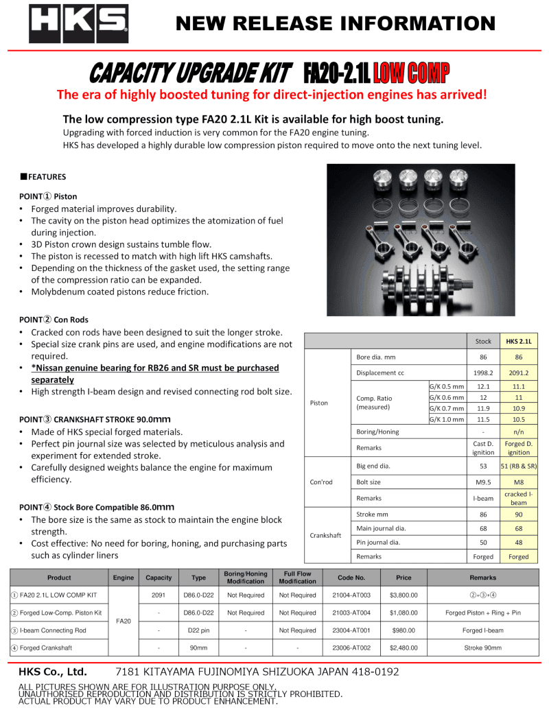 HKS — HKS PISTON KIT FA20 2.1L LOW COMP - view 2