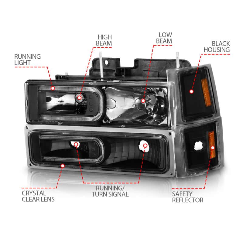 ANZO — ANZO 88-98 Chevrolet C1500 Crystal Headlights w/ Light Bar Black Housing w/ Signal Side Markers 8Pcs
Head Light Set
HdLtSet - view 6