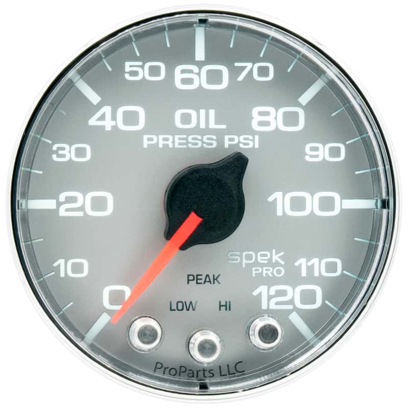 AutoMeter — Autometer Spek-Pro Gauge Oil Press 2 1/16in 120psi Stepper Motor W/Peak & Warn Slvr/Chrm
GA 2" OILP SFC SPEK - view 2