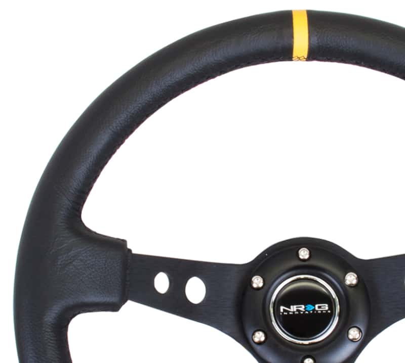 NRG — NRG Reinforced Steering Wheel (350mm / 3in. Deep) Blk Leather w/Blk Cutout Spoke/Yellow Center Mark - view 6