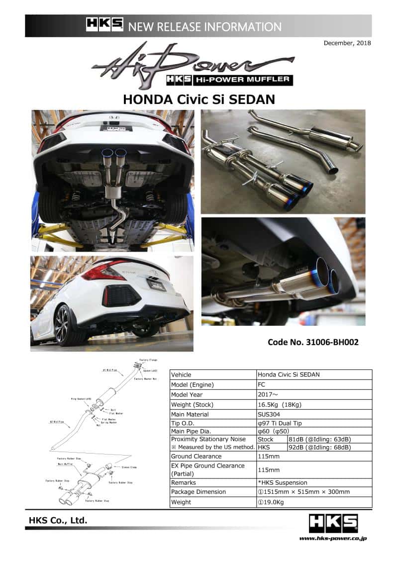 HKS — HKS 17+ Honda Civic Si Sedan (FC) Hi-Power Muffler Exhaust - view 1