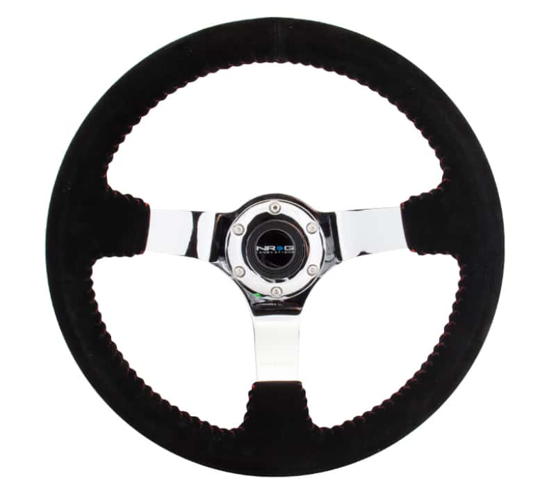 NRG — NRG Reinforced Steering Wheel (350mm / 3in. Deep) Blk Suede w/Red BBall Stitch & Chrome 3-Spoke - view 1