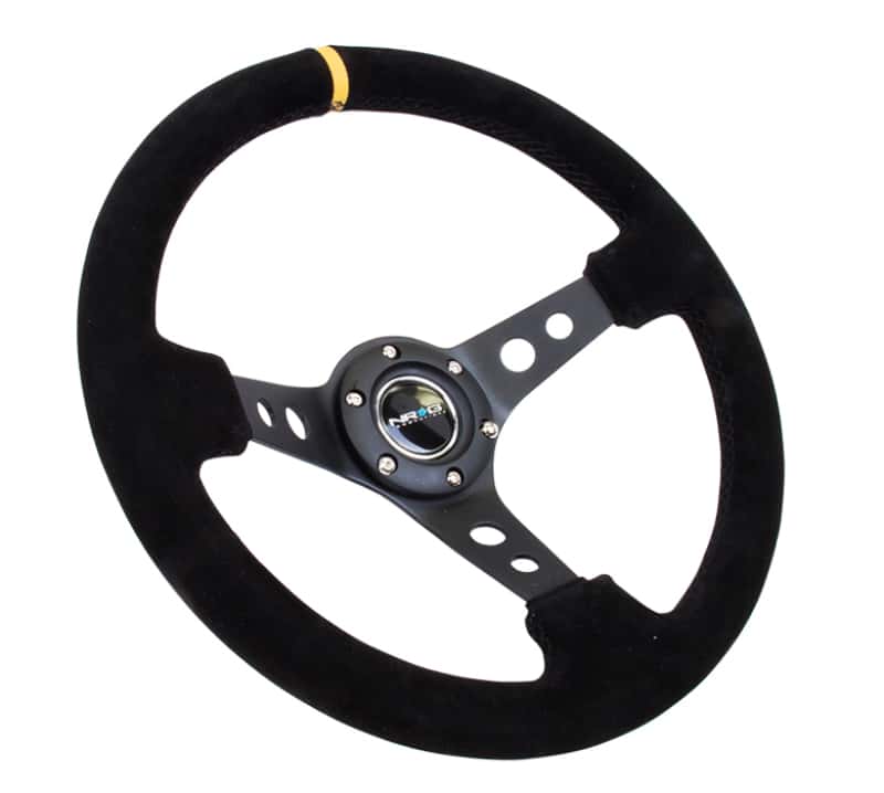 NRG — NRG Reinforced Steering Wheel (350mm / 3in. Deep) Blk Suede w/Circle Cut Spokes & Single Yellow CM - view 2
