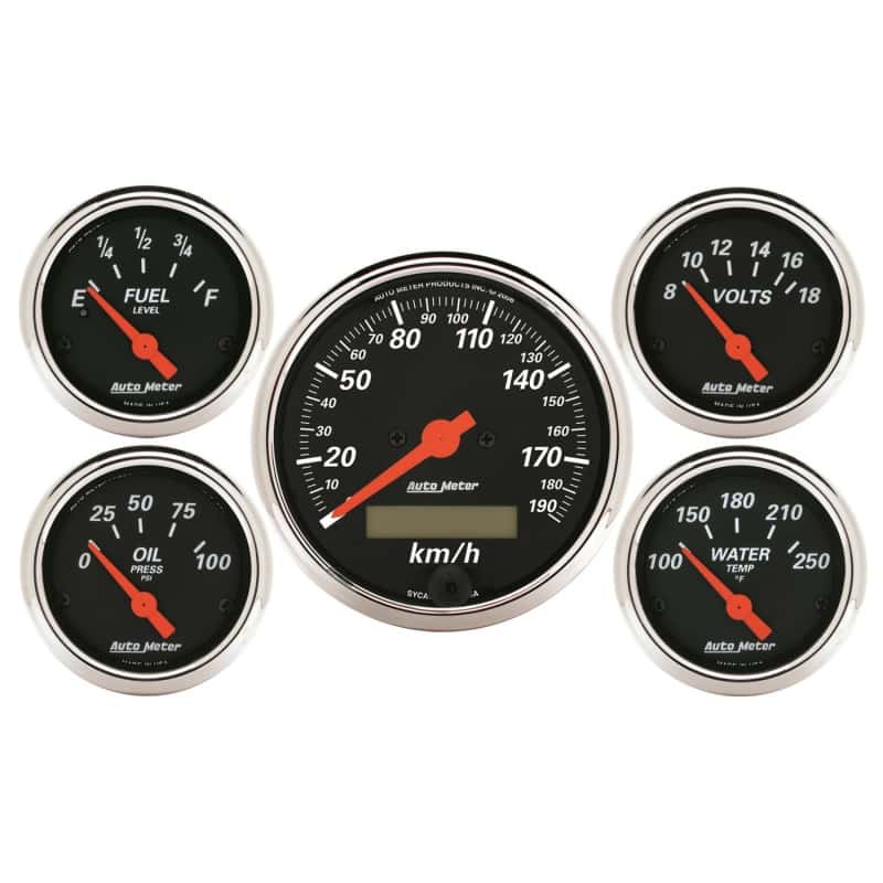 AutoMeter — Autometer Designer Black 5 Pc Kit w/ Elec KMH Speedo, Oil Press, Water Temp, Volt, Fuel Level
GA KT 5PC E SPD K DB - view 1